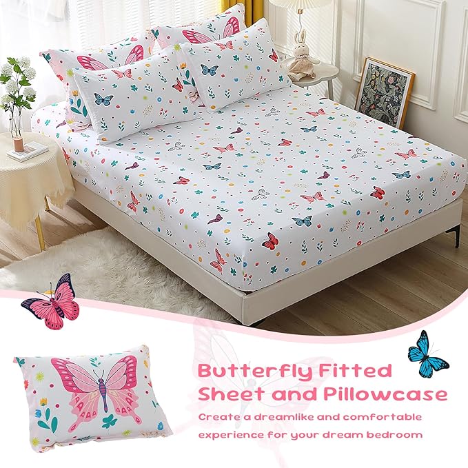 Girls Butterfly Comforter Set Full Size 7 Piece Bed in A Bag Colorful Flowers Leaves Bedding Set for Kids Teens Super Soft All Season