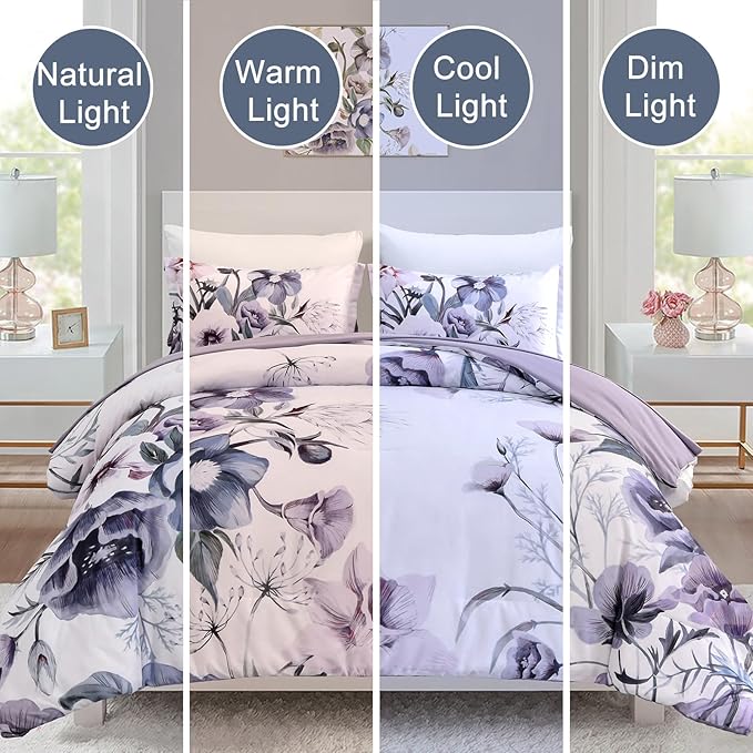 Drucon Floral Comforter Set Queen Size 3 Piece Purple Floral Bed in a Bag, Soft Microfiber Bedding Set for All Season (Purple, 90"x90")