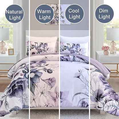 Drucon Floral Comforter Set King Size 3 Piece Purple Floral Bed in a Bag, Soft Microfiber Bedding Set for All Season (Purple, 104"x90")