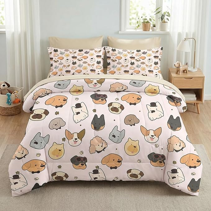 Nesker 7 Pcs Comforter Set Full Size, Kids Cute Cartoon Pug Puppy Bedding Set for Kids and Adults, Animal Dog Cream Bed Sheet Sets with Fitted Sheet 2 Pillowcases & 2 Shams