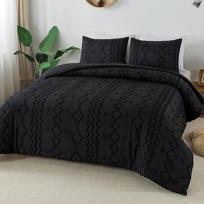 Andency Black Boho Tufted Comforter Set California King, 3 Pieces Textured Farmhouse Bed, Soft Microfiber Down Alternative Geometric Comforter Bedding Set (104x96Inch)