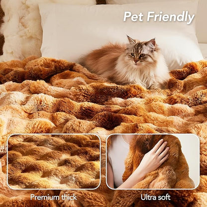 L'AGRATY Faux Fur Throw Blanket: 50" x 60" Luxury Soft Fluffy Thick Rabbit Fur Blankets for Couch Bed Sofa - Cozy Plush Bubble Blankets for Home Decor: Warm Flannel Fleece Decorative Blanket