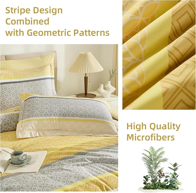 WONGS BEDDING Yellow Comforter Set Queen Size, 7 Pieces Striped Bed in a Bag Comforter and Sheet Set, Bohemian Soft Lightweight Micorfiber Bedding Set for All Seaon (90"×90")