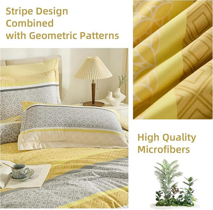WONGS BEDDING Yellow Comforter Set Queen Size, 7 Pieces Striped Bed in a Bag Comforter and Sheet Set, Bohemian Soft Lightweight Micorfiber Bedding Set for All Seaon (90"×90")