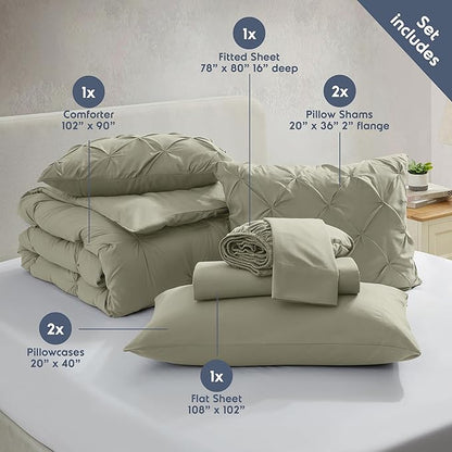 Nestl King Size Comforter Set 7 Pieces - Pinch Pleated Comforter Set Light Sage, Bed in a Bag, All Season Bed Set, King Bedding Set with Flat Sheet, Fitted Sheet, Pillowcases and Shams