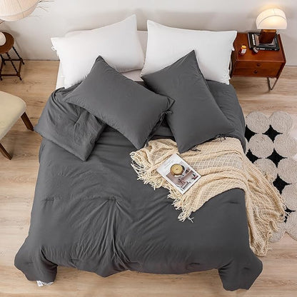 Ultra-Soft Full Size Comforter Sets - Cozy Polycotton Fabric - 1 Comfortable Down Alternative Comforter & 2 Pillowcase - All Season Lightweight but Warm Comfy Bed Blanket Quilt Dark Grey