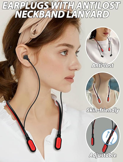 HALLEAST Earplugs for Sleeping and Concert, Noise Reduction, Hearing Protection, with Removable Ear Plug Lanyard, Safety Connector Cord Strap Neckband – SNR 26dB, NRR 14dB, Red