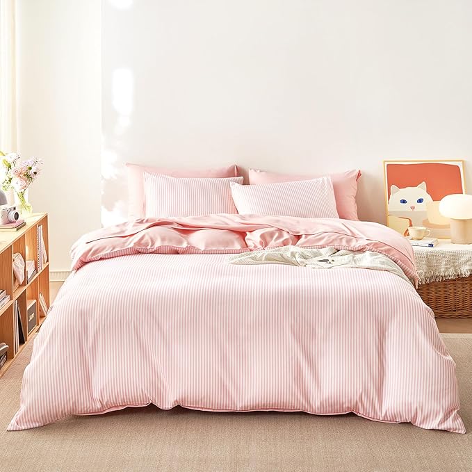 Wake In Cloud - Striped Comforter Set with Sheets, Ticking Stripe Vertical Pinstripe Neutral Farmhouse Pattern Printed, 5 Pieces Bed in a Bag, Pink White, Twin Size