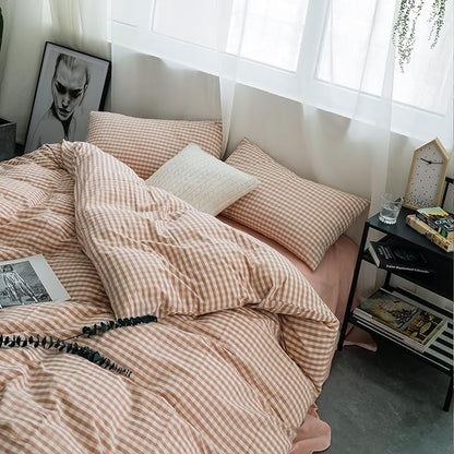 mixinni Pink Gingham Comforter Set Full, Plaid Comforter Set 3 Pieces 1 Pink Grid Comfoter with 2 Pillow Cases for All Seasons, Soft Fluffy Modern Grid Pattern Printed Bedding-Full Size