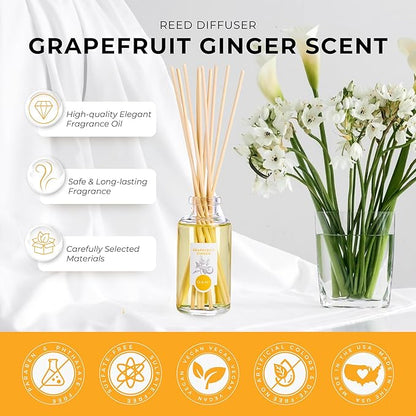 DANI Naturals Reed Diffuser Set - Fresh Grapefruit Ginger Scent - Aromatherapy Essential Oils - Alcohol-Free, Non-Toxic, Eco-Friendly - 10 Sticks - 3.5 oz