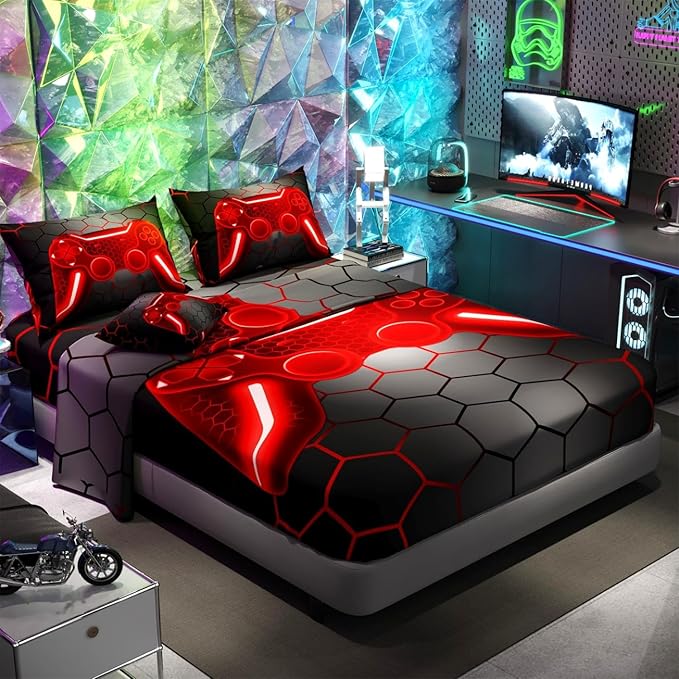 Namoxpa6 Pieces Gamer Comforter Sets for Boys Kids,3D red Pattern,Decorative 6 Piece Bedding Sets with Comforter,Flat Sheet,Fitted Sheet,Throw Pillow Cover,Pillow Shams,Twin Size