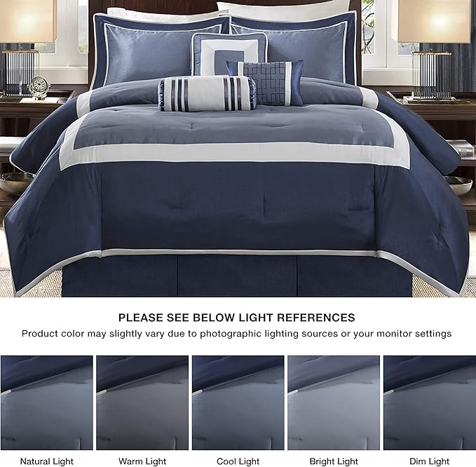 Madison Park Cozy Comforter Set-Deluxe Hotel Collection, All Season Down Alternative Luxury Bedding with Matching Shams, Decorative Pillows, King(104"x92"), Genevieve, Navy 7 Piece