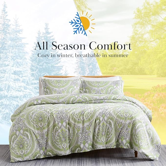 Southshore Fine Living, Inc. Oversized Full/Queen Size Comforter Bedding Set, Boho Bedding, Paisley Print Bedspread, Full Size/Queen Bed Comforter Set with 2 Matching Shams, Pure Melody Green