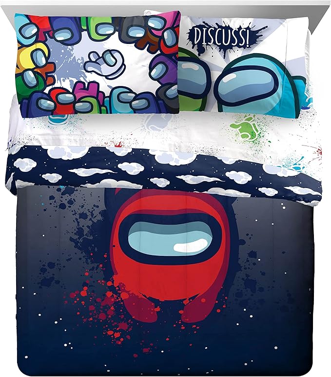 Jay Franco Among Us Space Splatter 5 Piece Queen Size Bed Set-Comforter & Sheet Set-Soft Fade Resistant Microfiber (Official Among Us Product)
