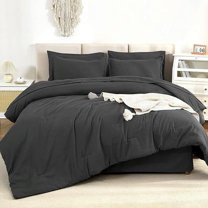 Litanika Comforter King Size Set Dark Grey - 7 Pieces Bed in a Bag King Bedding Comforter Sets, Plain Lightweight Bed Set with Comforter, Sheets, Pillowcases & Shams