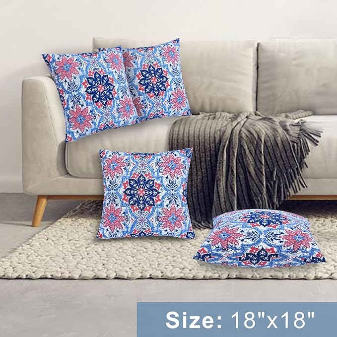 JMGBird Water-Resistant Outdoor Pillows Set of 2, 18x18 inch Durable White with Red Mandala Flower Throw Pillows with Inserts for Patio Furniture