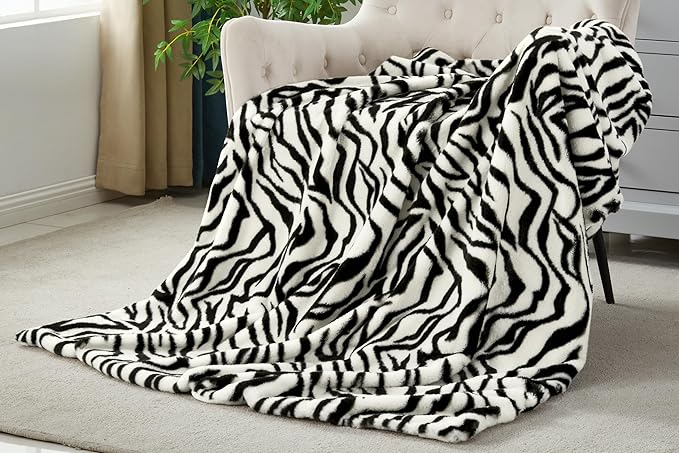 JONIYEAR Soft Fluffy Zebra Print Faux Rabbit Fur Throw Blanket 50" x 60", Luxury Cozy Shaggy Fuzzy Blankets, Reversible Cute Warm Animal Printed Blanket for Women Winter,Washable,Cream White and Black
