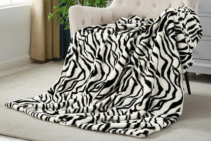 JONIYEAR Soft Fluffy Zebra Print Faux Rabbit Fur Throw Blanket 50" x 60", Luxury Cozy Shaggy Fuzzy Blankets, Reversible Cute Warm Animal Printed Blanket for Women Winter,Washable,Cream White and Black