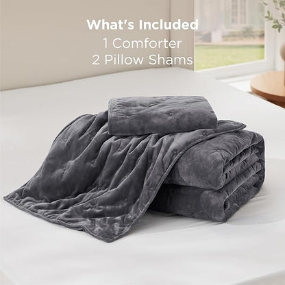 Bedsure Velvet Fleece Comforter Set Queen, Dark Grey Lightweight Quilted Bedding Set, Soft Warm Blanket for All Season, 3 Pieces, 1 Comforter (90" x 90") and 2 Pillow Shams (20" x 26")