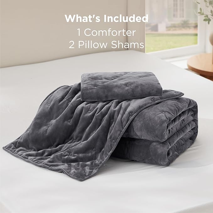 Bedsure Velvet Fleece Comforter Set King, Dark Grey Lightweight Quilted Bedding Set, Soft Warm Blanket for All Season, 3 Pieces, 1 Comforter (104" x 90") and 2 Pillow Shams (20" x 36")
