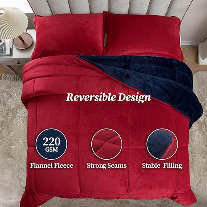 Petrichor Velvet Flannel King Comforter Set- Red and Navy Blanket,Luxury Fuzzy Heavy Bedding Set, 3 Pieces Plush Winter Bed Set with Comforter (90"x104") & 2 Pillow Shams (20"x36")