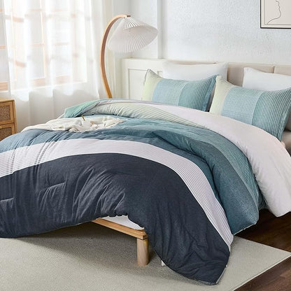 WONGS BEDDING Comforter Set Queen Size, Blue Striped Patchwork Comforter for Queen Bed,3 Pieces (1 Comforter+2 Pillowcases) Soft Microfiber Bedding Set for All Season (90"x90")