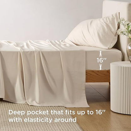 Bedsure Cooling Sheets Twin, Rayon Derived from Bamboo, Breathable & Soft Twin Sheets Set, Deep Pocket Up to 16 Inches, Hotel Luxury Silky Bedding for Hot Sleepers, Light Beige