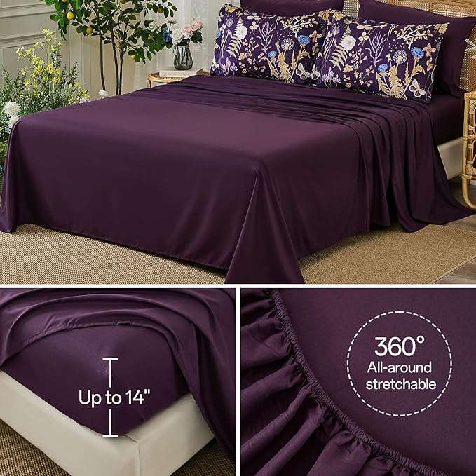 Yiran Purple Floral Comforter Set King Size, 7 Piece Botanical Comforter Bedding Set, Farmhouse Bed in a Bag, Soft Microfiber Complete Bedding Set with Sheets for All Season