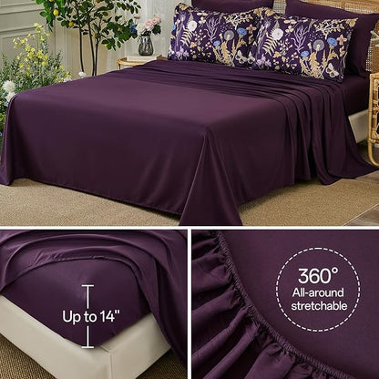 Yiran Purple Floral Comforter Set King Size, 7 Piece Botanical Comforter Bedding Set, Farmhouse Bed in a Bag, Soft Microfiber Complete Bedding Set with Sheets for All Season