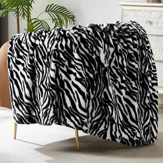 JONIYEAR Fuzzy Zebra Print Faux Rabbit Fur Blanket Twin Size 60" x 70",Double Sided Soft Thick Warm Shaagy Fluffy Blankets for Winter, Oversized Cozy Plush Animal Blanket for Women, White and Black