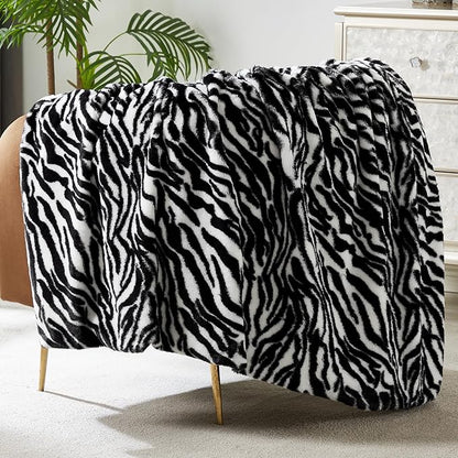 JONIYEAR Decorative Fuzzy Zebra Print Faux Rabbit Fur Throw Blanket 50" x 60",Double Sided Soft Thick Warm Shaagy Fluffy Blankets for Winter, Cute Cozy Plush Animal Blanket for Women, White and Black