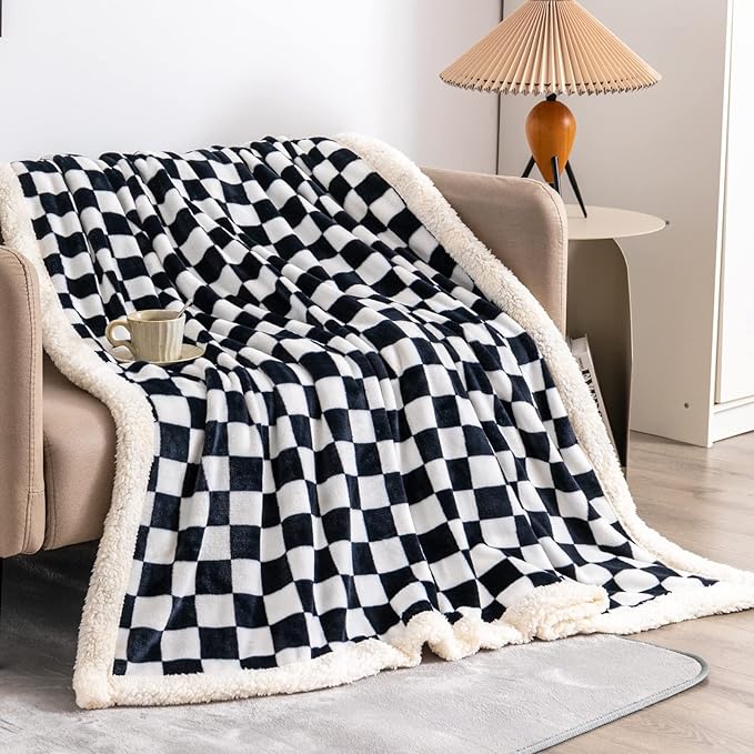 LOMAO Sherpa Throw Blanket Fleece Blanket with Checkered Pattern Soft Thick Blanket for Couch, Bed, Sofa Luxurious Warm and Cozy for All Seasons (Black, 60"x80")
