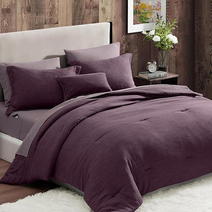 Geniospin Purple King Comforter Set - 7 Pieces Egglant Comforter King Size, Soft Solid Bedding Set for All Season, Textured Bed in a Bag with Sheets