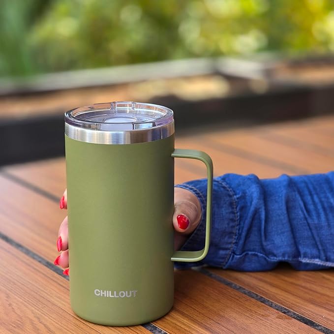 CHILLOUT LIFE Stainless Steel Vacuum Insulated Coffee Mug 20 oz (Set of 2) with Handle and Lid, Large Thermal Camping Coffee Mugs with Sliding Lid for Men & Women, Keeps Your Beverages Hot & Cold