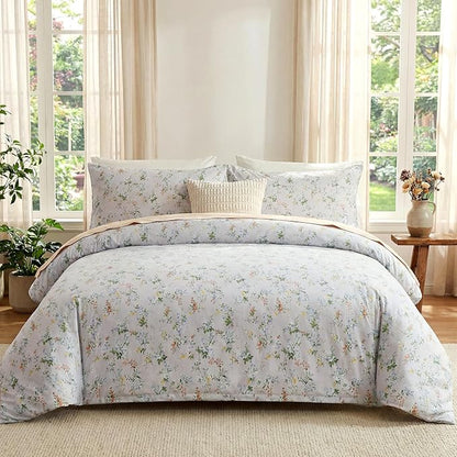 Floral Comforter Queen Size 100% Cotton Bedding Set Green Flowers Cotton Comforter Sets 3 Pcs Reversible Lightweight Soft Bedding Sets for All Seasons