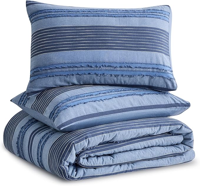 Wonderful Denim Blue Comforter Set Queen Size, Yarn Dyed Farmhouse Striped Cotton Lightweight Boho Comforter with Pillow Shams, Fluffy Bedding Set for All Season