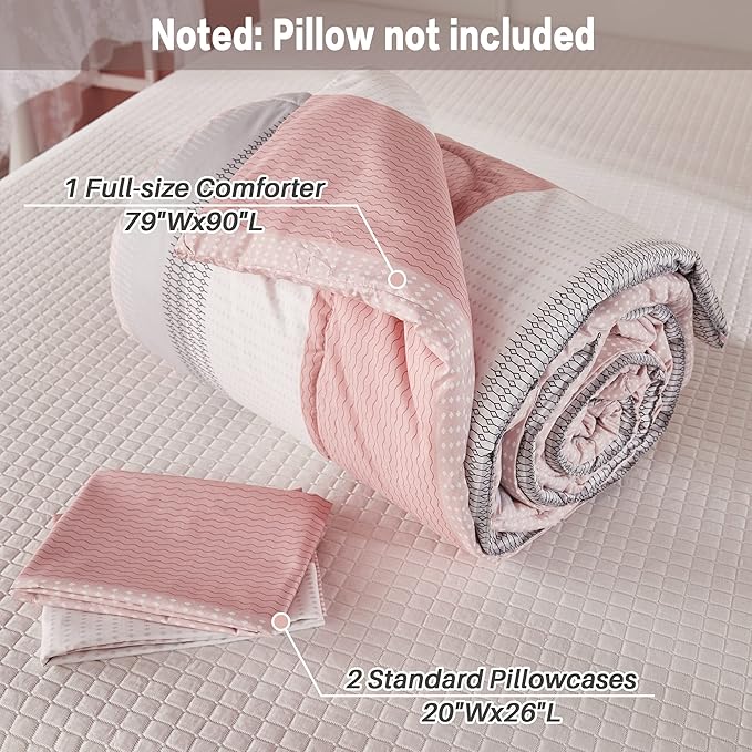 Litanika Pink Full Size Comforter Sets for Girls, 3 Pieces Blush White Colorblock Women Lightweight Bedding Comforter Set