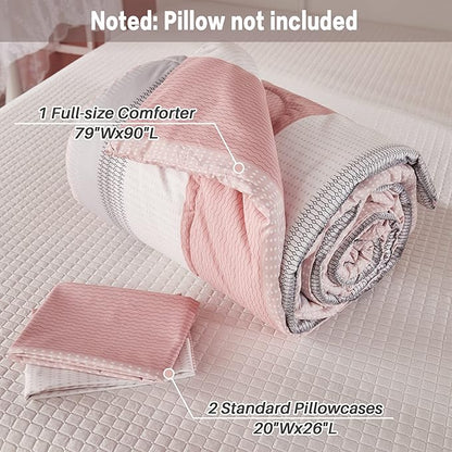 Litanika Pink Full Size Comforter Sets for Girls, 3 Pieces Blush White Colorblock Women Lightweight Bedding Comforter Set
