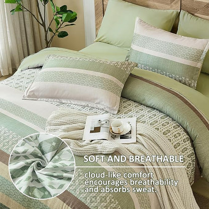DJY Boho Comforter Set King Size,7 Pieces Bed in a Bag Burgundy Red Striped Bedding Sets,Patchwork Soft Microfiber Bedding Set for All Season(104"x90")