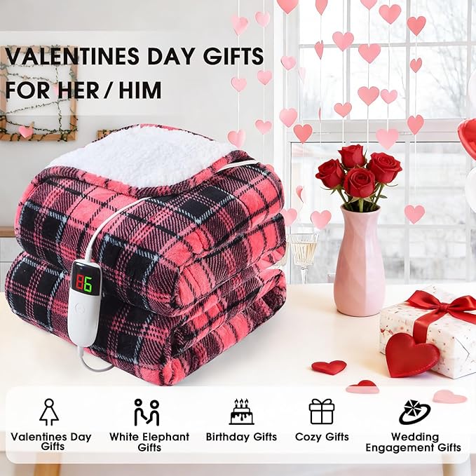 OCTROT Heated Blanket Electric, Twin Size 62X84, Heating Blanket with 10 Heating Levels & 8 Hours Auto Off, Pink Plaid Checkered Plaid Sherpa Blankets Warmer for Adults, Fast Heating Washable