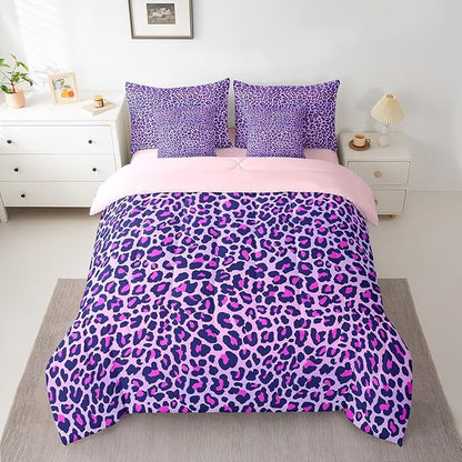Feelyou Girls Leopard Print Comforter Set Full Size 7 Pcs Women Purple Leopard Comforter Bed in a Bag Safari Wild Animal Bedding Set for Teens Pink Bed Set with Sheets, Pillowcases, Pillow Covers