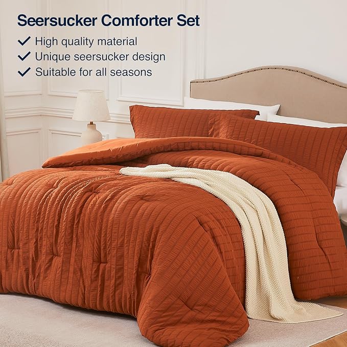 Terracotta Full Comforter Set - 3 Pieces Seersucker Lightweight Bedding Comforter Sets (1 Soft Fluffy Comforter & 2 Pillowcases) - All Seasons Cozy Modern Bed Sets for Women Men