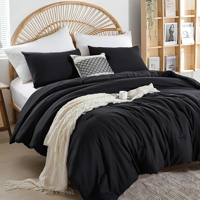 weigelia Queen Comforter Set Black Comforter Boho Solid Color Bedding Comforter Set for All Season Soft Lightweight Microfiber 3PCS Cozy Reversible Comforter Set (1 Comforter, 2 Pillowcases)