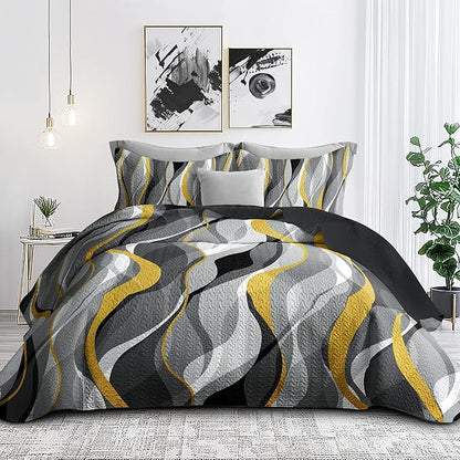weesire Classic Line Pattern Bedding Quilt King Size Modern Grey Yellow and White Stripe Quilt with 2 Shams, Gray and Yellow Comforter Sets Lightweight Breathable Bedspreads Coverlet, 96''x106''