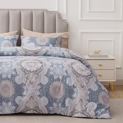 Sophia & William Foggy Blue Damask King Size Comforter Set, 3 Pcs Cotton Comforter Set with Printed Comforter & 2 Pillowcases, All Season Lightweight Bedding Set