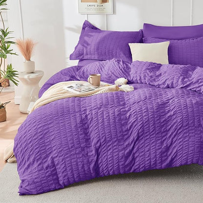 HYMOKEGE Dark Purple Twin Comforter Set Seersucker 5 Pieces, All Season Luxury Bed in a Bag for Bedroom, Bedding Set with Comforter, Sheets, Pillowcase & Sham