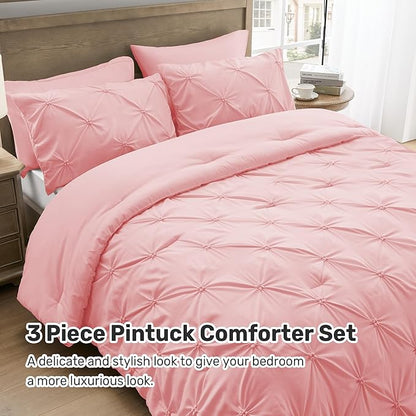 UNIKOME Queen Comforter Set Pink - Ultra Soft Boho Pintuck Down Alternative Bedding Set for All Seasons, 3 Pieces Lightweight Warm Pinch Pleat Bed Set with Comforter, 2 Pillowcases