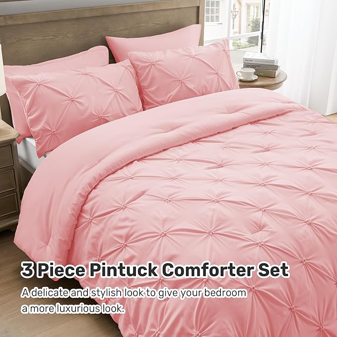 UNIKOME King Size Comforter Set Pink - Ultra Soft Boho Pintuck Down Alternative Bedding Set for All Seasons, 3 Pieces Lightweight Warm Pinch Pleat Bed Set with Comforter, 2 Pillowcases