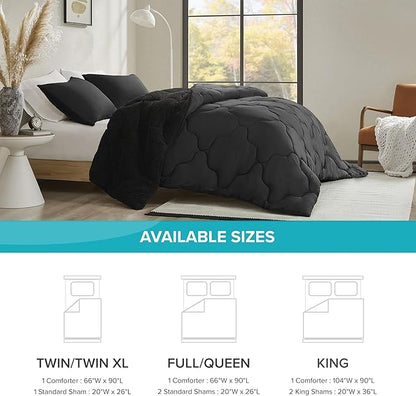Comfort Spaces Comforter Set, Chic Reversible Quatrefoil Quilting, Sherpa Comforters King, All Seasons, Lightweight Microfiber Bedding Set Matching Sham, Vixie, King Black/Black 3 Piece