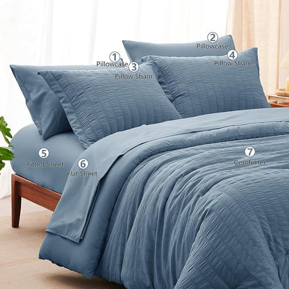 CozyLux Grayish Blue King Size Comforter Set Seersucker 7 Pieces Dusty Blue Bed in a Bag King Comforter Set with Sheets, Luxury Bedding Set with Down Alternative Comforter, Sheets, Pillowcases & Shams